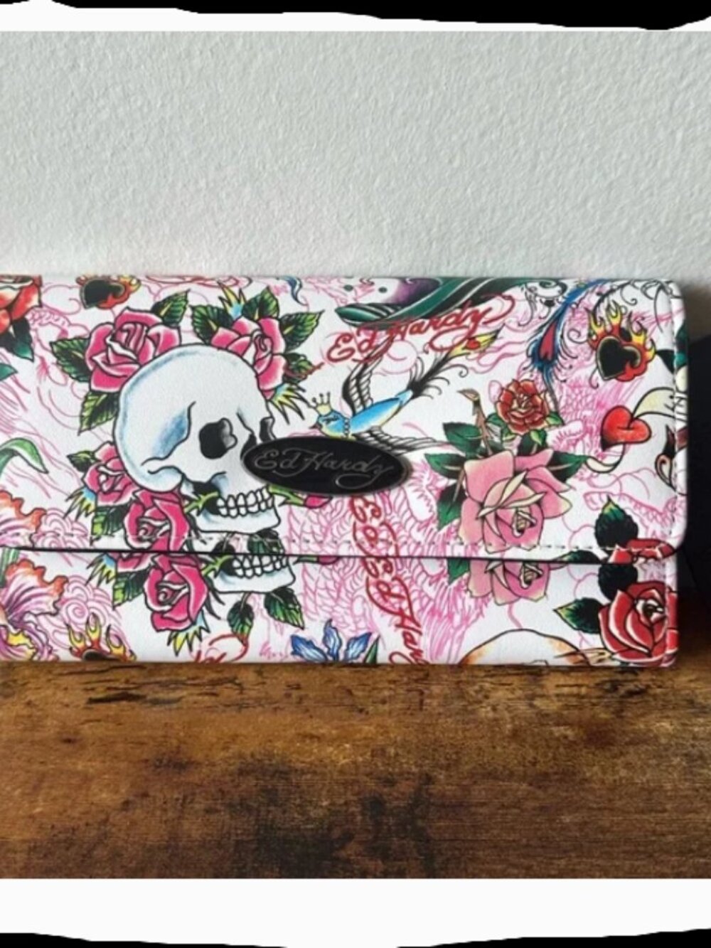 Ed Hardy Pink Tattoo Skeleton & Floral Long Wallet – NWT – Y2K